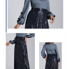 فستان طويل عصري وأنيق على الطراز الأوروبي والأمريكي مع ترتر وخط عنق مستدير