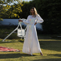 فستان نسائي مسلم أنيق ورفيع على الطراز العرقي مع الترتر