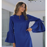 Blue simple and elegant loose dress with ruffled sleeves