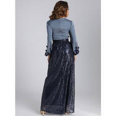 فستان طويل عصري وأنيق على الطراز الأوروبي والأمريكي مع ترتر وخط عنق مستدير