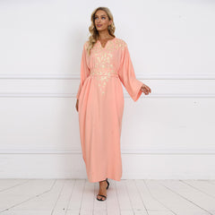 فستان إسلامي طويل أنيق مطرز بجيوب مع خصر مشدود