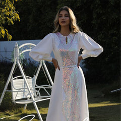 فستان نسائي مسلم أنيق ورفيع على الطراز العرقي مع الترتر