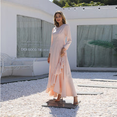 Solid color, front short and back long elegant embroidered round neck long-sleeve Muslim robe