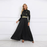 Fashionable plaid A-line Muslim long dress with a cinched waist