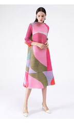 Ladies Fashion Printing Patchwork Waist Lace Pleated Dress