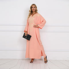 فستان إسلامي طويل أنيق مطرز بجيوب مع خصر مشدود