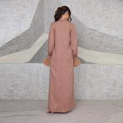 Muslim women's long brown dress with beaded mesh cuffs