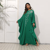Elegant loose-fitting chiffon dress with embroidered batwing sleeves and a round neckline