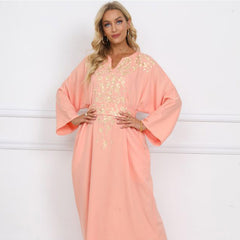 فستان إسلامي طويل أنيق مطرز بجيوب مع خصر مشدود