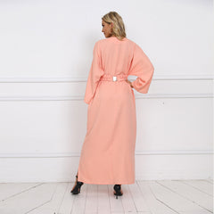 فستان إسلامي طويل أنيق مطرز بجيوب مع خصر مشدود