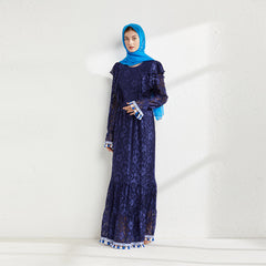 Tassel Layered Cake Skirt, Solid Color Muslim Elegant Loose Women's Long Robe