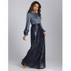 فستان طويل عصري وأنيق على الطراز الأوروبي والأمريكي مع ترتر وخط عنق مستدير