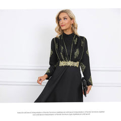 فستان إسلامي طويل منقوش على شكل حرف A مع خصر مشدود