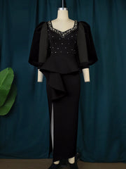 فستان أنيق برقبة مربعة مطرز وأكمام فانوس شفافة وتنورة بخطوة واحدة