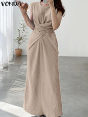 VONDA Elegant Dresses For Women 2022 Solid O Neck Sleeveless Kink Spliced A-Line Vestidos Bohemian Party Casual Summer Plus Size Long Dresses