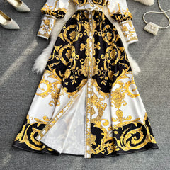 فستان راقي فاخر بطباعة كلاسيكية وأكمام منتفخة وربطة عنق وتنورة طويلة للتخسيس