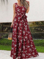 Celmia Ms. Bohemian resort style floral print dress European and American fashion temperament elegant round neck sleeveless lace-up skirt daily summer plus size trend seaside dating A-line skirt long skirt
