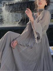 2023 spring elegant V-neck midi dress office lady long-sleeved casual dress Korean French retro chiffon dress lady 6*12