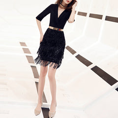 Ladies V Neck Long Sleeve Cropped Hip Tassel Banquet Birthday Party Dress