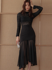 Fashion Women Vintage Sexy Lace Perspective Midi Party Club Dress Elegant Coffee Break Robe Black Skinny Bodycon Female Dress
