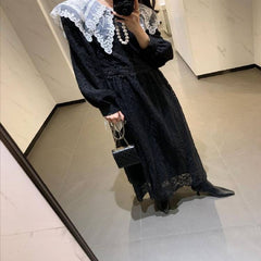 Korean Chic Hepburn Style French Style Temperament Vintage Lace Crochet Embellished Large Lapel Slimming Elegant Dress for Women