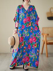 Women's summer V-neck cotton silk large size loose literary holiday style beach dress retro meat-covering long robe