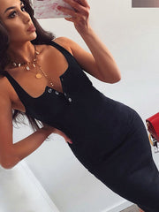 فستان بطول الركبة محبوك مطاطا بلا أكمام Bodycon أنيق المرأة 2022 الصيف مثير الخامس الرقبة زر فساتين الحفلات ضئيلة