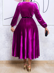 African Velvet Formal Evening Party Long Dresses For Women 2023 Elegant Plus Size Lantern Sleeve V Neck Waist Bodycon Dress