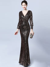 Ladies Fashion Sexy Slim Fit V-neck Sequined Long Sleeve Evening Dress