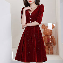 Ladies V-neck Sleeve Velvet Fashion Banquet Birthday Party Evening Dress LX476