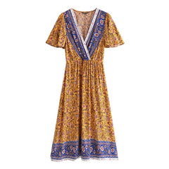 فستان صيفي نسائي بوهو مطبوع عليه زهور على شكل حرف A أنيق بياقة على شكل V وأكمام قصيرة على شكل فراشة فستان شاطئ كاجوال للسيدات