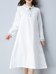 Ladies ethnic style large size retro long-sleeved cotton and linen literary dress linen mid-length dress robe girl