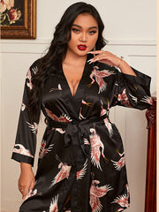 Spring and summer large size sexy silk nightgown printed home service pajamas sexy cardigan tie bathrobe