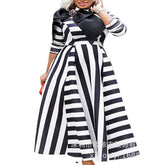 Striped wrap chest temperament commuter bow long skirt black high waist dress