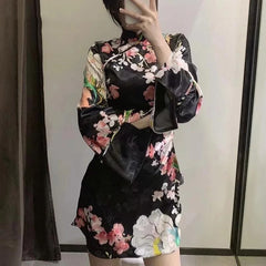 Women Chinese Traditional Floral Printed Qipao Button Up Long Sleeve Mini Dresses Female Elegant Party Dresses