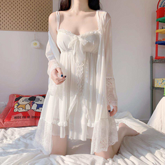Summer burst sexy suspender nightdress with chest pad women's lace nightgown sexy temp pajamas home service set