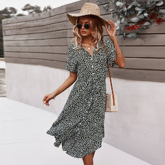 Beach Boho Summer Dress Shirt 2021 Floral Vintage High Waist Dresses Women Casual Loose Single Breasted Midi Slim Elegant Robe