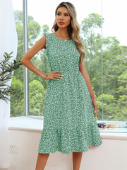 Elegant Printed Casual Beach Midi Dresses Women Summer O-neck Ruffle Sleeve A-Line Dress Sundress Vestido Robe