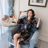 Spring and Autumn Summer Short Sleeve Printed Silk Robe Japanese Retro Kimono Nightgown Printed Floral Dress