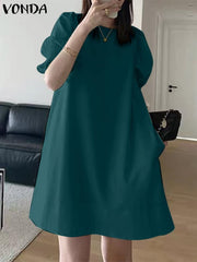 فوندا فساتين أنيقة للنساء 2022 حلوة الصلبة مطوي الأكمام نفخة تكدرت ألف خط فساتين فيستدوس بوهو حزب الصيف عارضة زائد حجم فستان قصير