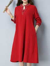 Ladies ethnic style large size retro long-sleeved cotton and linen literary dress linen mid-length dress robe girl
