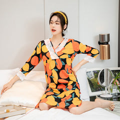 Spring 2021 long sleeve printed pajamas V neck lace floral graffiti soft silk nightdress small fresh home wear