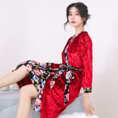 Pajamas nightgown gold velvet printed side long-sleeved suspenders two-piece V-neck se xy home wear