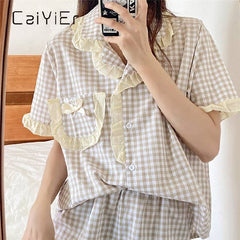 CAIYIER Summer Korea Women's Pajamas Sweet Girl Plaid Sleepwear Short Sleeve Shorts Retro Ruffle Nightwear Kawaii Japan Homewear