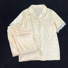 Summer women's short-sleeved trousers gentle wave dot lace women's pajamas silk home service suit