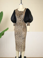 Elegant Women Midi Dresses Color Block Cheetah Print Long Sleeve Slit Bodycon Velvet Dress Fall Office Business Party Club Wear