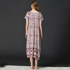 New Nightdress Women Viscose Short Sleeve Floral Nightgown Elastic Collar Long Dressing Gown Summer Sleepdress Casual Homewear