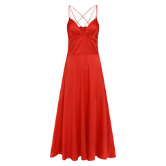 فستان السيدة سيلا البوهيمي لقضاء العطلات بلون واحد مثير وطويل بحمالات على الطراز الأوروبي والأمريكي للحفلات وحمالات الخصر وتنورة بندول ثنائية