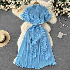 Frosty wind niche design feeling ruffled short-sleeved dress summer female seaside vacation waist beautiful long skirt