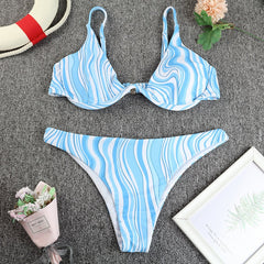 Popular split swimsuit women's solid color printing water ripple sexy bikini women's swimsuit